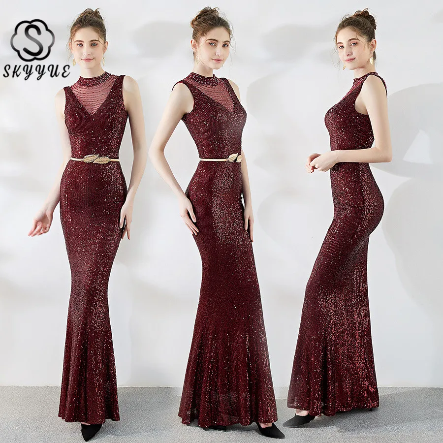 

Skyyue Evening Gown High Collar Women Party Dresses C283 Floor Length Robe De Soiree 2019 Sleeveless Bling Sequin Formal Dress