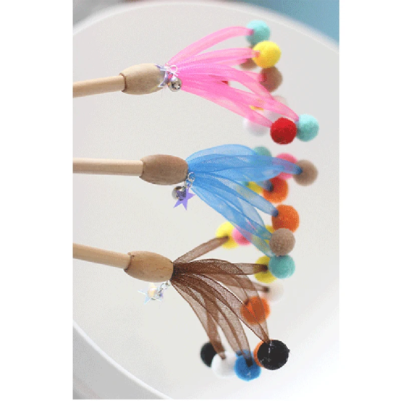 Cat Toy Pet Cat Teaser Wand Wooden Rod Pom Pom Bell Kitten Teaser Toy Cat Interactive Toy Cat Toys for Kitten Cats Supplies