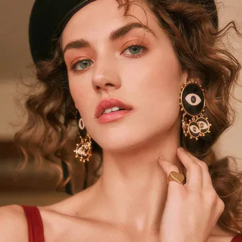 

Jefficarnny 2020 New female alloy electroplated gold earrings European and American fashion black drop eye earrings