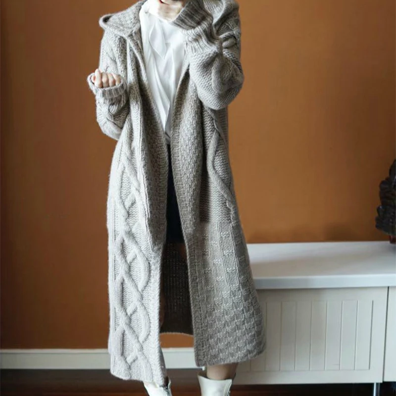 Long-sleeved Loose Cardigan Fashion Sweater Coat Long Casual Elegant Hooded Cardigan Sweater Autumn Winter Thick Women's Sweater