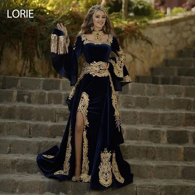 LORIE Moroccan Caftan Evening Dress 3 Pieces Remove Skirt Appliques Gold Lace Long Sleeve Mermaid Velvet Prom Celebrity Gowns picture color