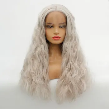 

Loose Natural Wave Silver Grey Synthetic Lace Front Wig Hand Tied Heat Resistant Fiber Middle Parting Hair For Women Girls Wigs