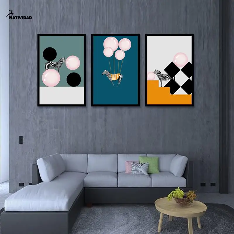 

Nordic Modern Abstract Minimalist Poster Zebra with Balloon Canvas Painting Printing Wall Art Picture Living Room Home Decor