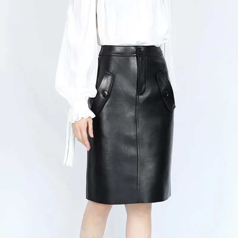 black Зимняя Roupas Женская юбка миди из натуральной кожи с косым карманом OL Hips, облегающая юбка с разрезом сзади Jupe Femme, бежевая/черная уличная одежда Faldas - Цвет: black