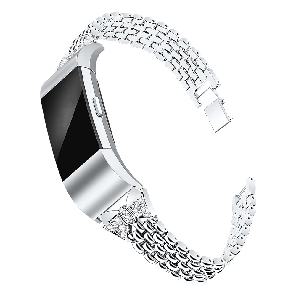 Ремешок для часов из нержавеющей стали для Fitbit charge 2, ремешок для часов с бабочкой, бриллиантовый браслет, для браслета Fitbit charge 2, браслет - Цвет: Silver