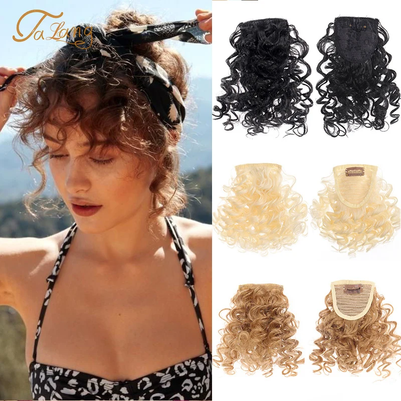 

TALANG Fake Curly Fringe Bangs Clips In Hairpieces With Natural Black Heat Resistant Fiber Synthetic Hair Extensions For Women