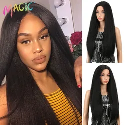 Magic Synthetic Wigs Kinky Straight Hair Wig For Black Women Middle Part 28 Inch Long Size Cosplay Hair Wig Heat Resistant