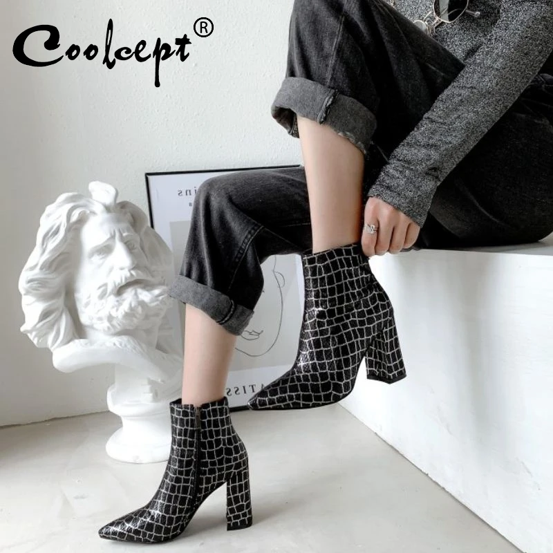 

Coolcept High Heels Ankle Boots Women Winter Fashion Plaid Designer Shoes Women Sexy Pointed Toe Casual Short Boots Size 32-43