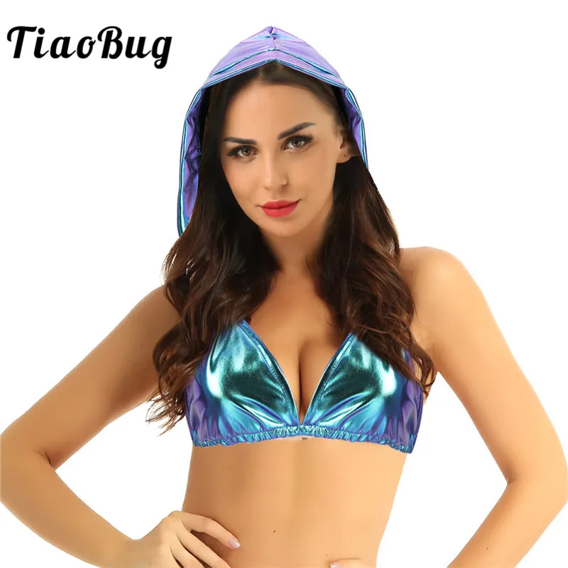 Women Shiny Metallic Deep V Neck Backless Beach Hooded Bikini Bra Tops Club Performance Dance Crop Tops Festival Rave Costume