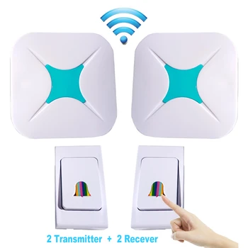 

2 kits LED DoorBell Wireless call AC DC Powered loud 32 Tune Remote Control Home Hotel Security Smart 2transermitter+2Recever