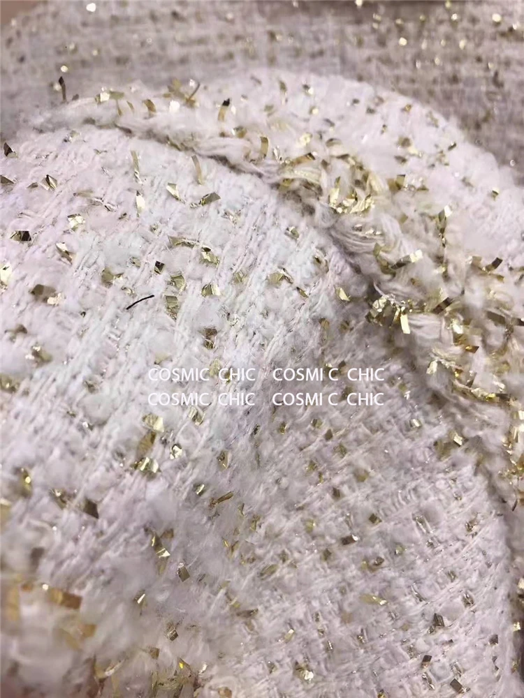 Cosmicchic, роскошная шерстяная твидовая куртка, для женщин, осенняя, элегантная, белая, короткое пальто, с длинным рукавом, золотая нить, плетение, OL, Женская куртка