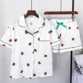 

Summer Women Pajamas Suit Strawberry Printing Short Sleeve Turn-down Collar Elastic Waist Shorts Girls Home Lovely Two Piece Set