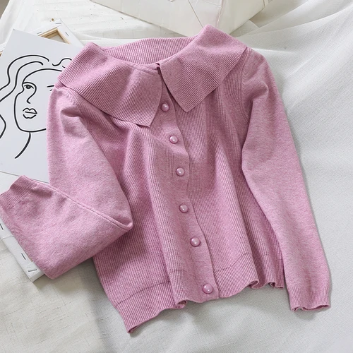 Pink purple Neploe элегантный оборками с длинным рукавом кардиганы для женщин свитер отложной воротник одной груди Твердые Pull Femme пальто свободные Весенние Seuter - Цвет: Pink purple