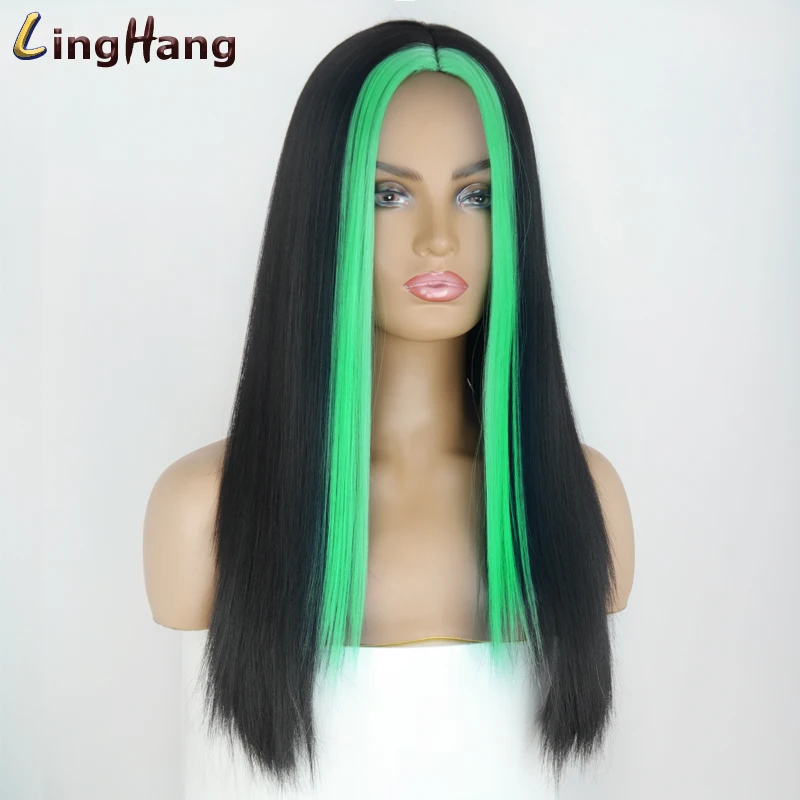 Linghang Black Long Straight Wig For Women Both sides Gold Hair Middle Part Heat Resistant Wavy Cosplay Wig For Girl