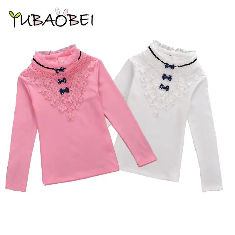 Kids Shirts Children Clothing Girls Turtleneck Blouse Spring Autumn Bow Lace Shirt Cotton Long Sleeve Sweatshirts School Kids Clothes