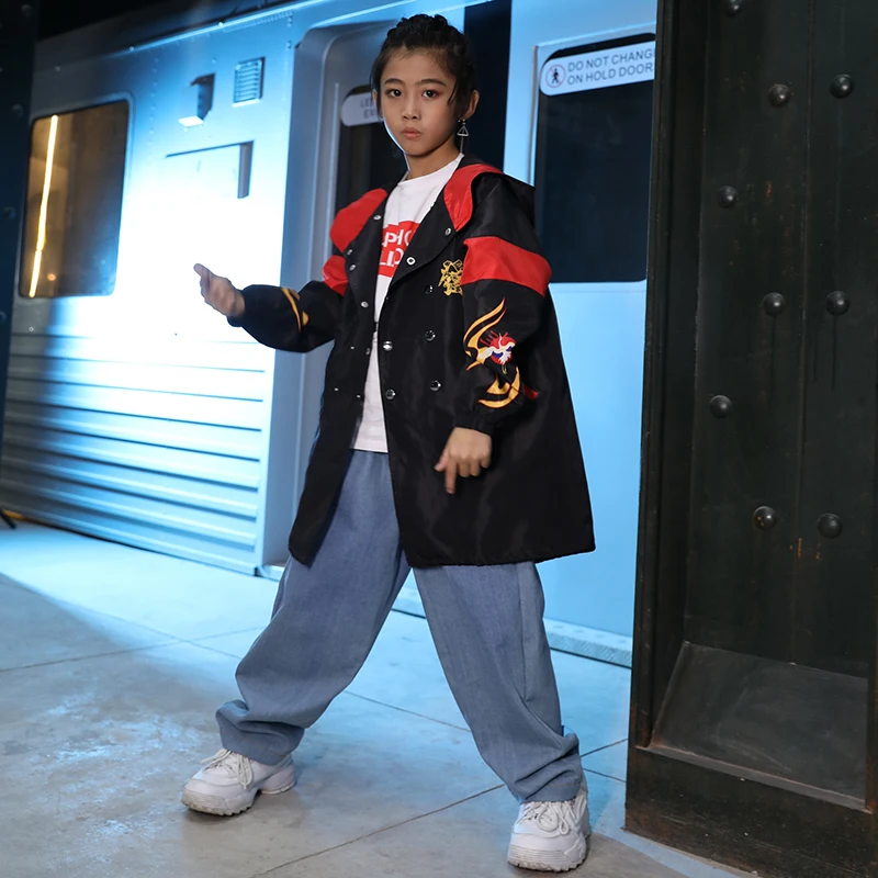 Coat and pant Одежда для танцев в стиле хип-хоп детская одежда для шоу джинсовые штаны в стиле хип-хоп Танцевальная Одежда для выступлений свободный уличный танцевальный сценический костюм для девочек BL3015 - Цвет: Coat and pant