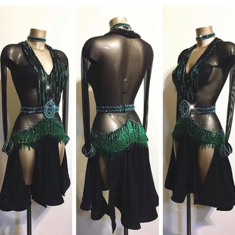 Черное сексуальное прозрачное платье для латинских танцев, украшенное бисером и кисточками, танцевальный костюм для сальсы, танцевальное платье на заказ - Цвет: Черный