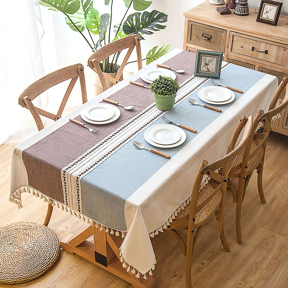 

Plaid Decorative Linen Tablecloth With Tassel Waterproof Oilproof Thick Rectangular Wedding Dining Table Cover Tea Cloth