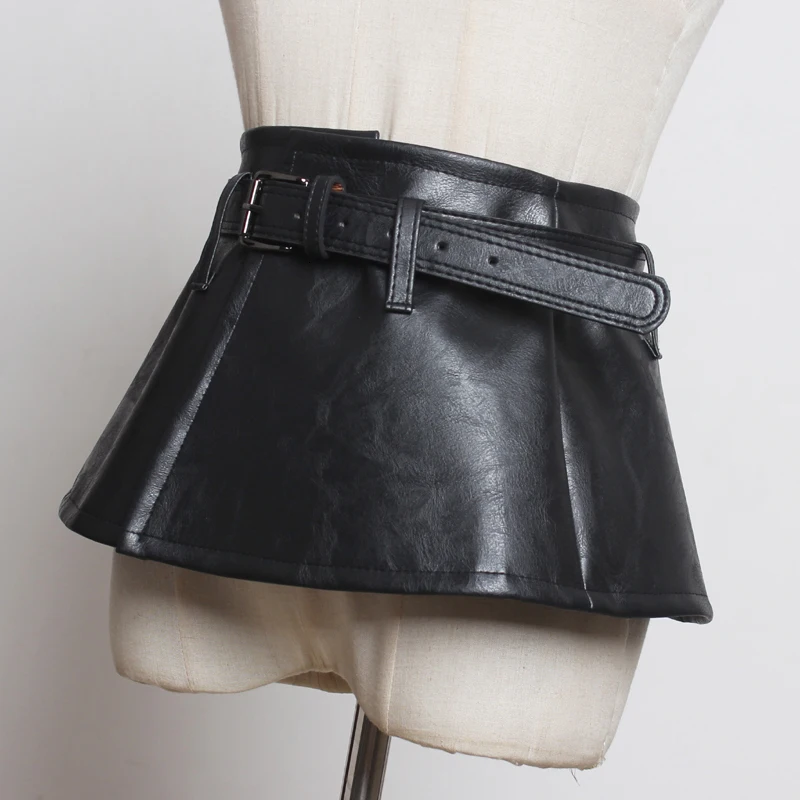 [EAM] Pu Leather Black Multicolor Split Joint Wide Belt Personality Women New Fashion Tide All-match Autumn Winter 1K383