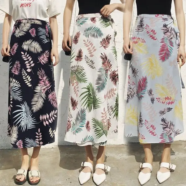 

High Waist Midi Skirt Female Hidden Elasticized Waistband Chiffon Satin Skirts Slip Style Floral Print Skirt Women Plus