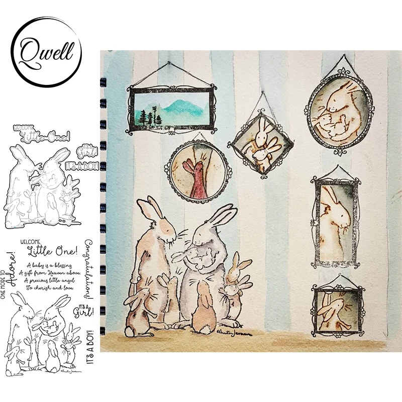 

QWELL Bunnies and Little One Together Cutting Dies With Clear Stamps Congratulation Welcome Words DIY Craft Paper Cards Decor