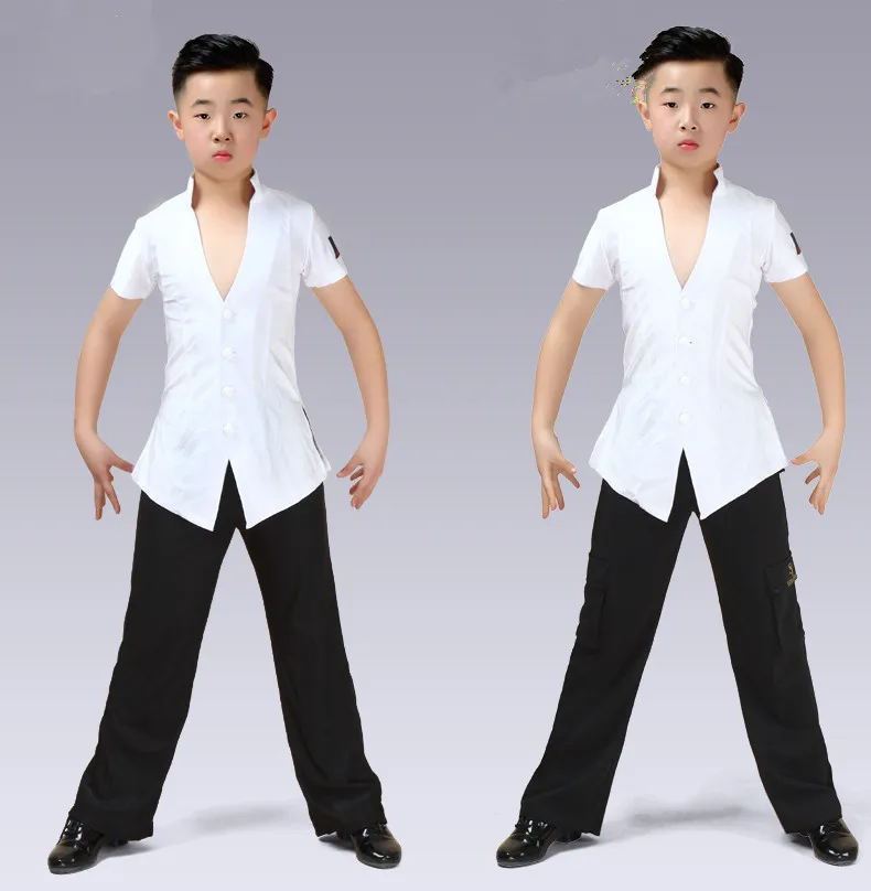 Latin Top Short Sleeve V Collar Boys Rumba Cha Cha Samba Tango Salsa Dancing Shirts Kids Competition Performance Wear