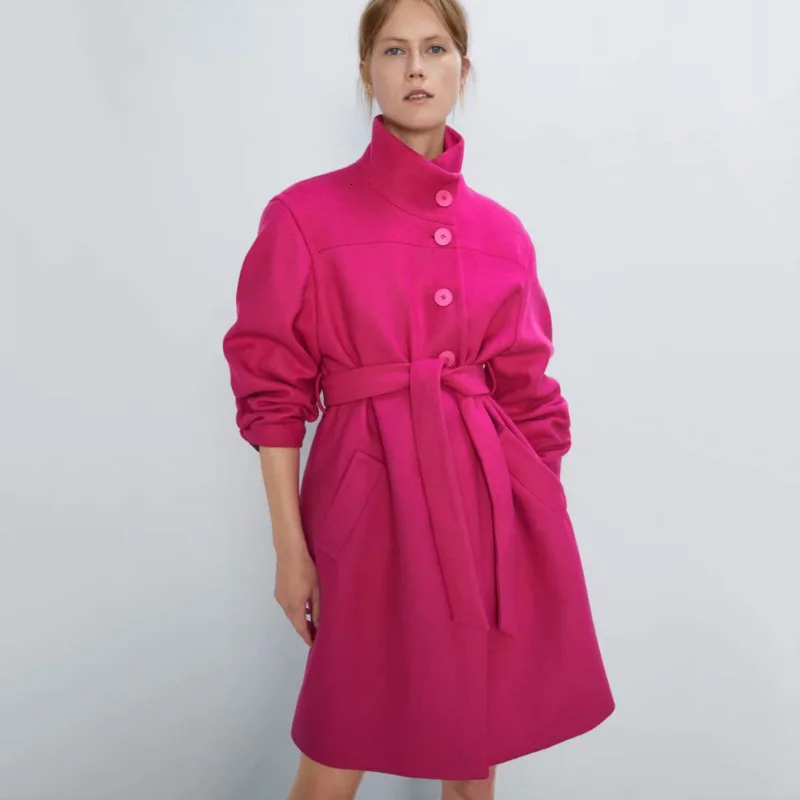 DEAT Autumn Winter Turtleneck Fuchsia Single Breasted Button Long Overcoat With Belt Women MG693