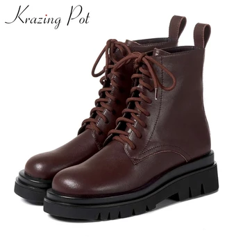

Krazing pot genuine leather med heels western boots round toe high quality cross-tied street fashion European ankle boots L07