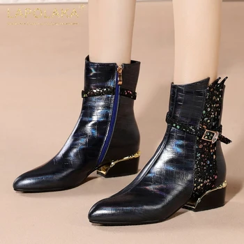 

New Arrivals 2021 Genuine Cow Leather Bling Shoes Ladies Boots Female Comfy Zipper Shiny Trendy INS Luxury Booties Woman