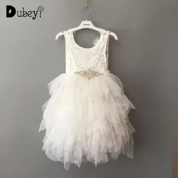 

5 Layers Fluffy Long Dresses Flower Girl Lace Tulle Sleeveless Princess Dress Elegant Soft Lace Costumes with Crystal Sashes