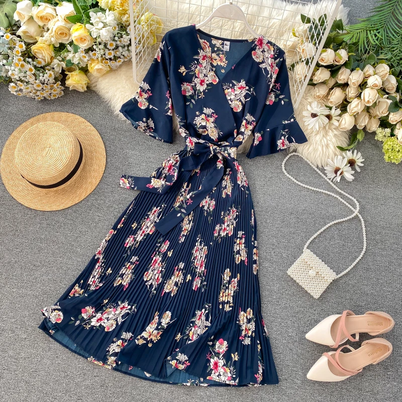 navy blue Летнее Бандажное платье в стиле бохо с v-образным вырезом и цветочным принтом, шифоновые вечерние платья средней длины, женские повседневные Элегантные плиссированные платья для пляжного отдыха - Цвет: navy blue