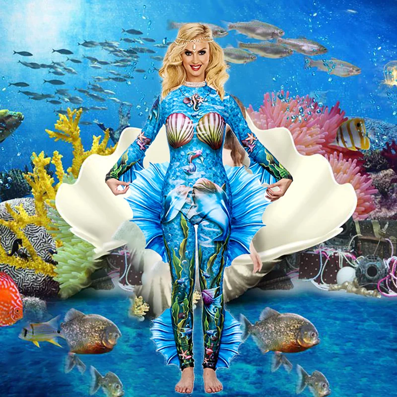 

New 3D Pattern Mermaid Cosplay Costume Blue Round Neck Long Sleeve Swimsuit Jumpsuit Ocean Princess Halloween Women's Outfits