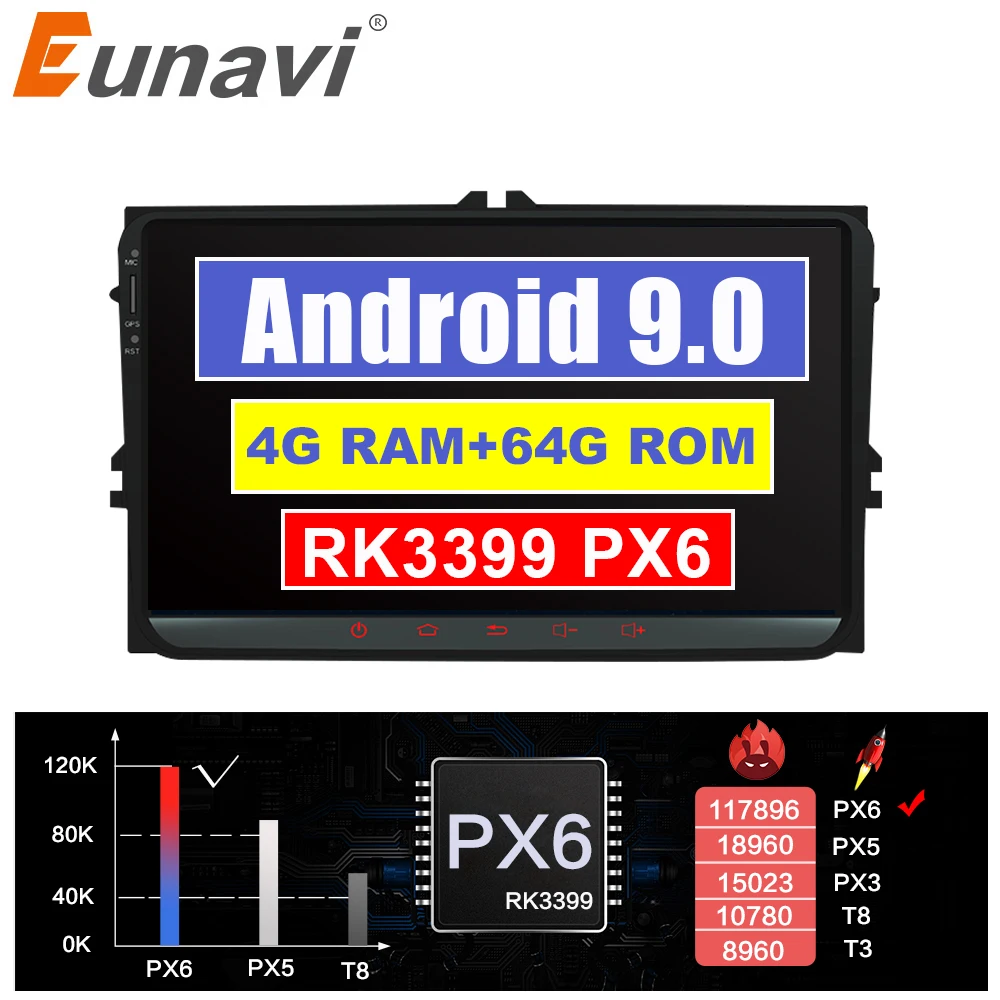 Eunavi Android 9,0 2 DIN Автомобильный gps плеер для Seat ALTEA Toledo VW GOLF 5/6 Polo Passat B6 CC Tiguan Touran радио RK3399 4G+ 64G