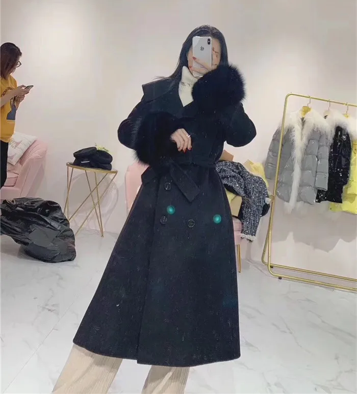 Высококачественное двухстороннее кашемировое пальто с натуральным лисьим мехом на манжетах, повседневное женское длинное пальто с поясом