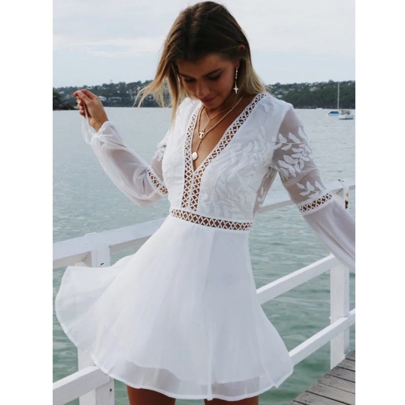 Sexy Hollow Out Lace Beach Dress Long Sleeve Beach Cover Up Women Bikini Swimwear Cover Up Bathing Suit Cover-Ups Beachwear