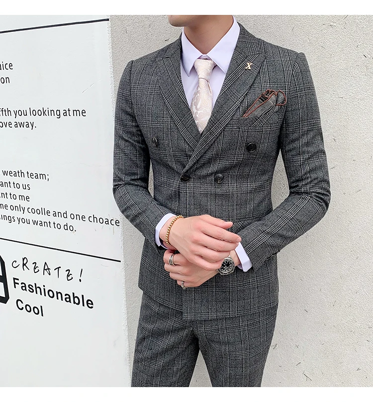Мужской s Slim Fit двубортный костюм черный серый 3 шт смокинг джентльмена свадебный костюм для жениха деловые костюмы для мужчин Q871