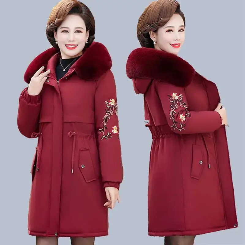 

Women's Middle-aged and Elderly Cotton Coat New Winter Jacket Parka Mid-length Large Size Hooded embroidery Jacket Overcoat