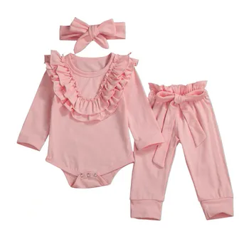 

Toddler Baby Girl Boy Kid Ruffled Top Romper Bowknot Trousers Outfits Autumn Winter Headband Long Sleeve Princess Clothes Sets