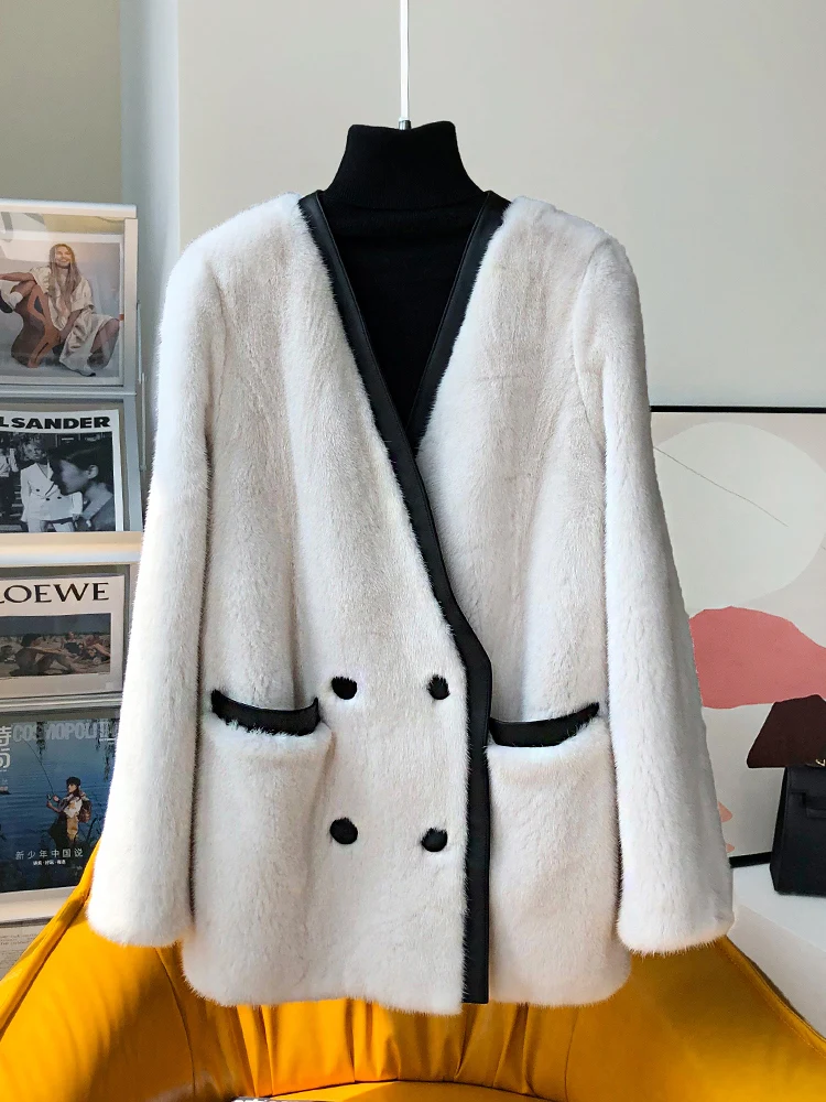 Winter New Mink Fur Coat V-neck Marten Overcoats Female Fashion Mid-Length Whole women winter coat | Женская одежда