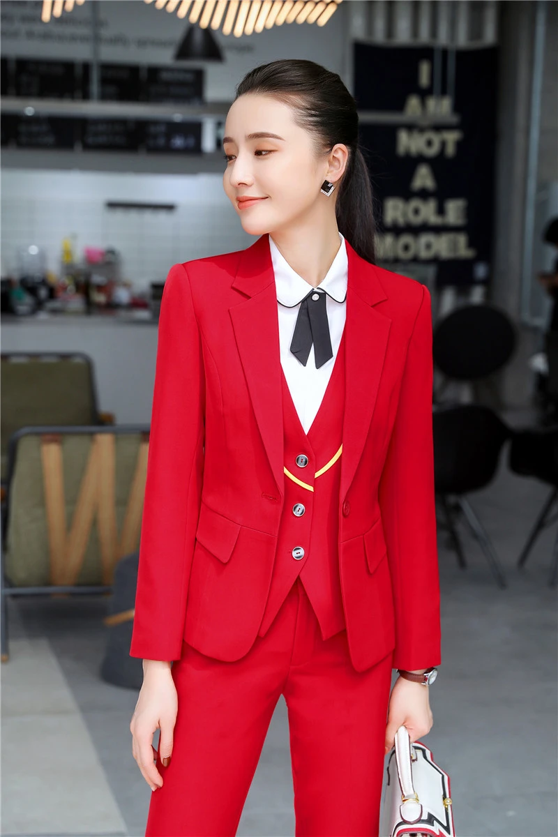 

Women Formal Business Suits with 3 Piece Sets Jackets and Pants and Vest & Waistcoat for Ladies Office Work Wear Blazers Red