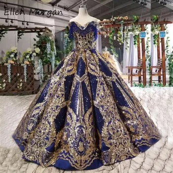 

Royal Blue Glitter Ball Gowns Prom Dresses 2019 Off Shoulder Gold Lace Floor Length Girls Princess Quinceanera Pageant Dresses