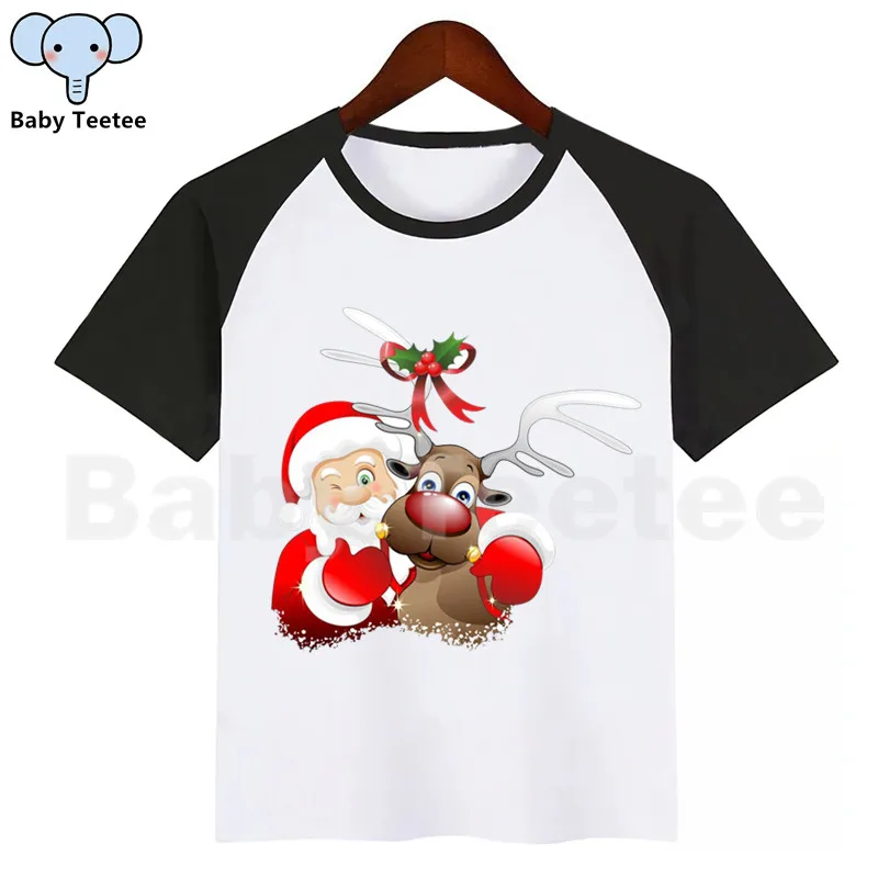 Детская футболка с рисунком Санта-Клауса и оленя; веселые детские топы; детская футболка с короткими рукавами; одежда для малышей - Цвет: D114-BlackB