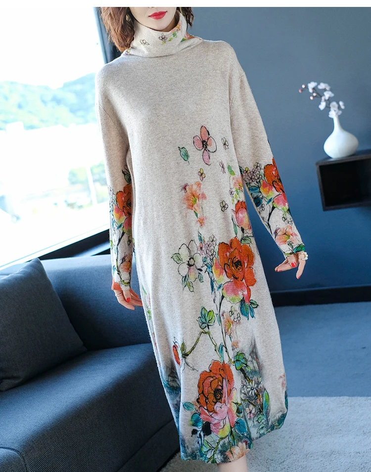 Fall Winter Vintage Women Turtleneck Long Sleeve Loose Floral Printed Cashmere Sweater Dress Woman Knitted Sweaters Dresses