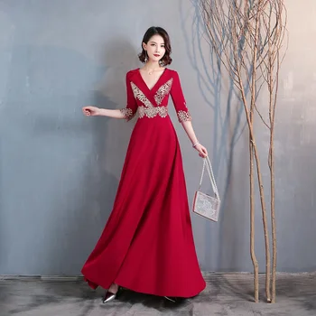 

Simple long celebrity dresses A-line Half sleeves Embroidery V neck Top Satin Zipper Back Formal evening party gowns Real Video