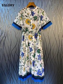 

High Quality Summer Dress 2020 Fashion Style Women Runway Print Tunic Button Short Sleeve Casual Blue White Color Block Dress
