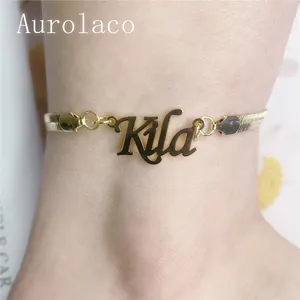 AurolaCo-tobillera con nombre personalizado para mujer, pulsera con cadena de serpiente, de acero inoxidable, placa con nombre personalizada, regalo de joyería