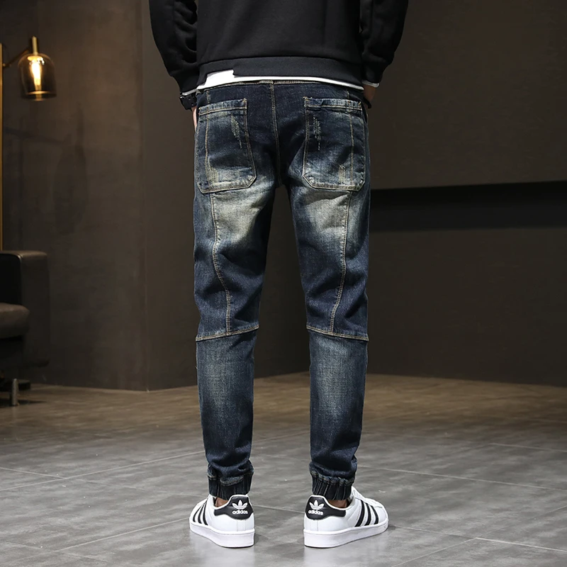 Autumn Relaxed Tapered Jeans Men Streetwear Hiphop Elastic Waist  Joggers Jeans Pants Man Casaul