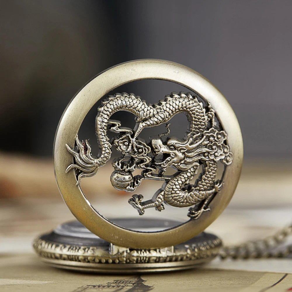 

Vintage Pocket Watch Dragon Play Pearl Ball Engrave Hollow Flip Fob Watch Chain Mens Necklace Watch Lucky Holy Dragons Clocks