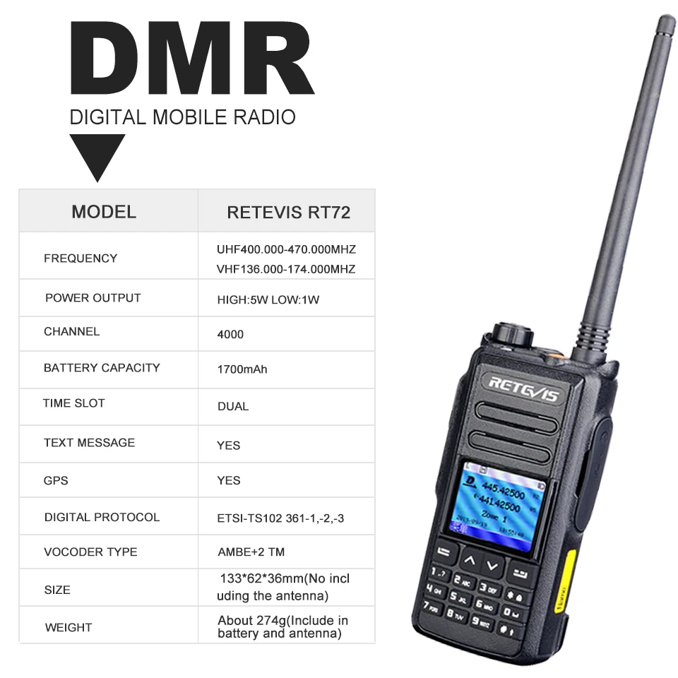 DMR цифровая рация 5 Вт 2 шт. Retevis RT72 УВЧ VHF Двухдиапазонная двухсторонняя радиосвязь