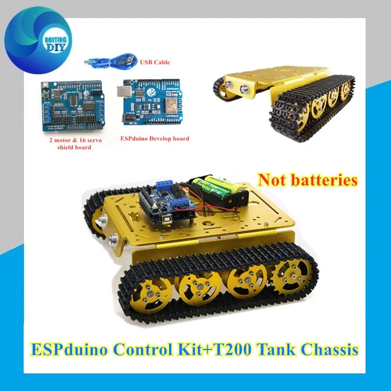 

WiFi for arduino Metal Tank Chassis by Phone App Espduino development+2 Motor &16 Driven Shield board T200 Chassis Kit
